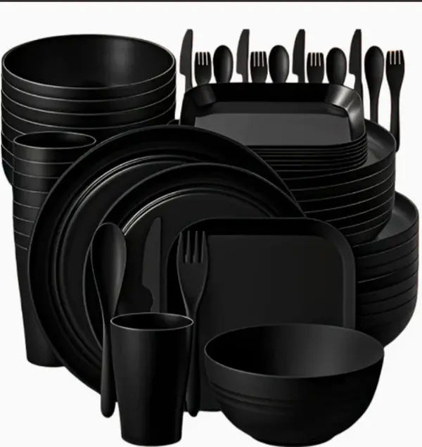 64pcs Wheat Straw Cutlery Set - Lightweight Dishes, Plates, Cups & Cutlery for Camping and Picnics - Dishwasher & Microwave Safe