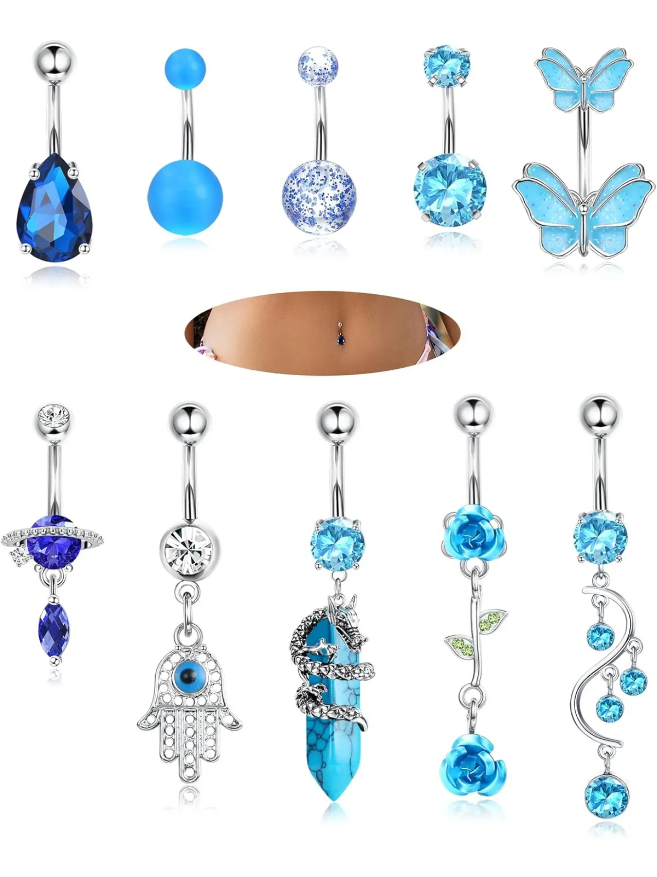 10 Pcs 14G Dangly Belly Button Bars Steel Belly Button Piercing Set Heart Butterfly Dangle Belly Ring Pink Purple Blue Belly Bars Belly Piercing Body Piercing Jewellery Summer Beach Navel Piercing Jewelry Navel Rings Set