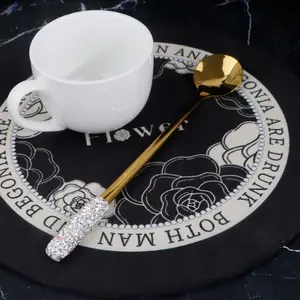 Luxury Rhinestone Gold Handle Spoon, Food Grade Stainless Steel Long Handle Coffee Stirring Spoon, Elegant Dessert Spoon for Home, Cafe, Party