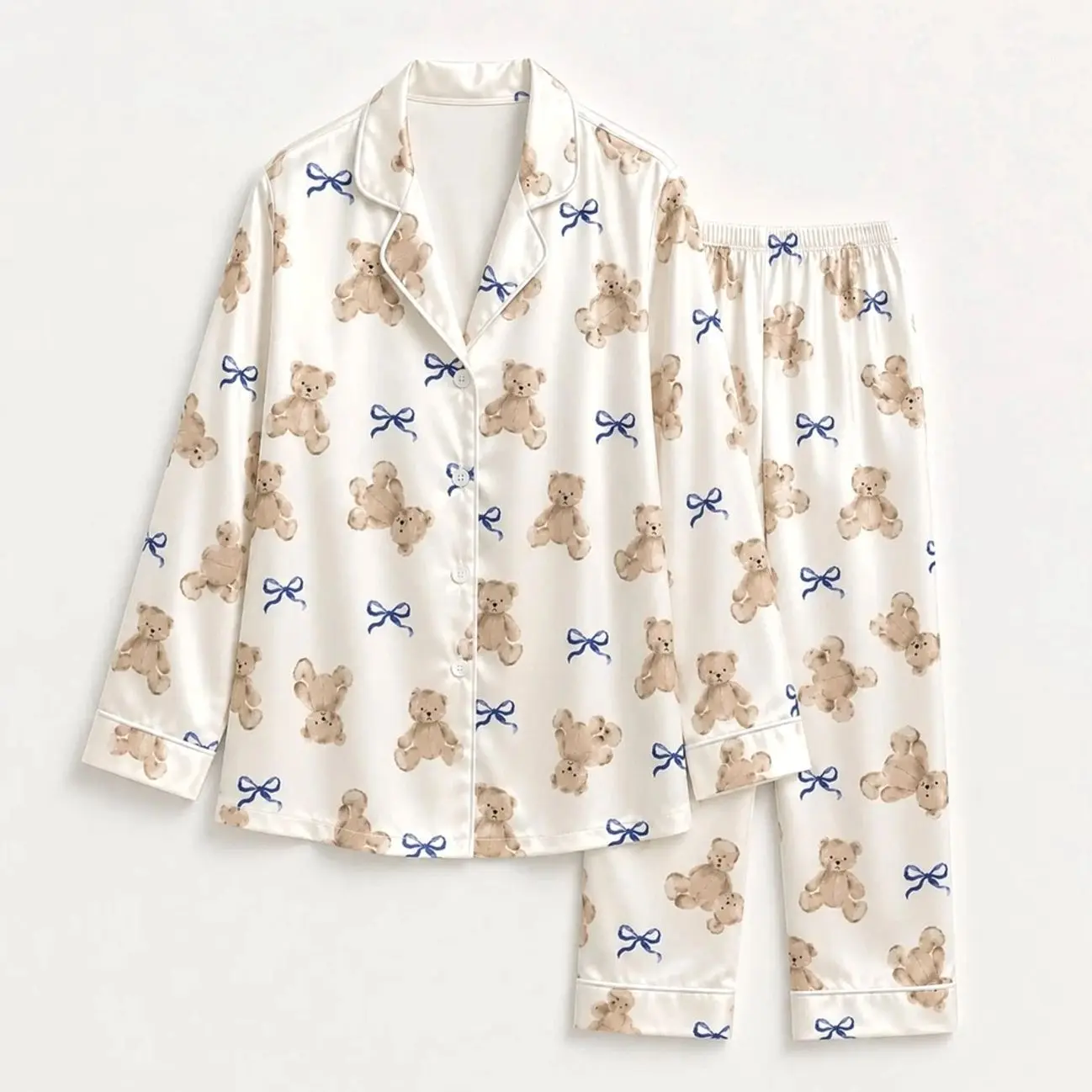 Stylish Teddy Ribbon Print Satin Pajama Set, Premium Matching Nightwear