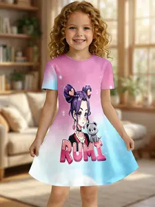 Girls Dreamy Pink Blue Gradient RUMI Print Dress, Baby Stylish Cartoon Short Sleeve Pleated Dress, Birthday Party Dress