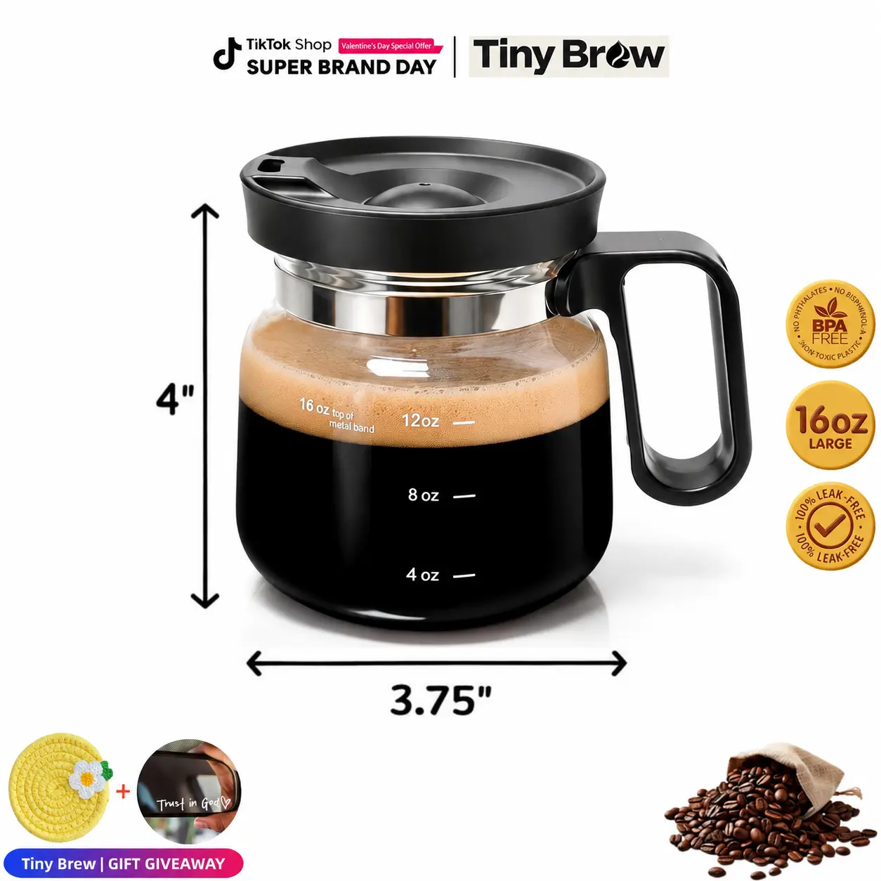 Tiny Brew Coffee Mug with Lid 16oz Glass Creative Cup, Coffee Lovers' Top Choice, Dimensions: 4.9inches tall, 3.8 inches wide, Includes Coaster, Ergonomic Handle Design, a little surprise for your loved one,deals for you,mid year sale