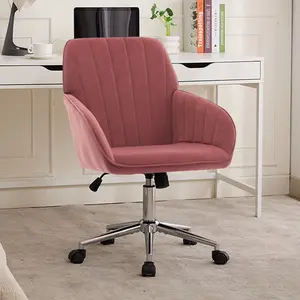 Velvet Office Desk Armchairs with Silver Base and Wheels,Modern Height Adjustable 360 Degree Swivel Upholstered Vanity Chairs for Living/Room Bedroom/Study,Rose