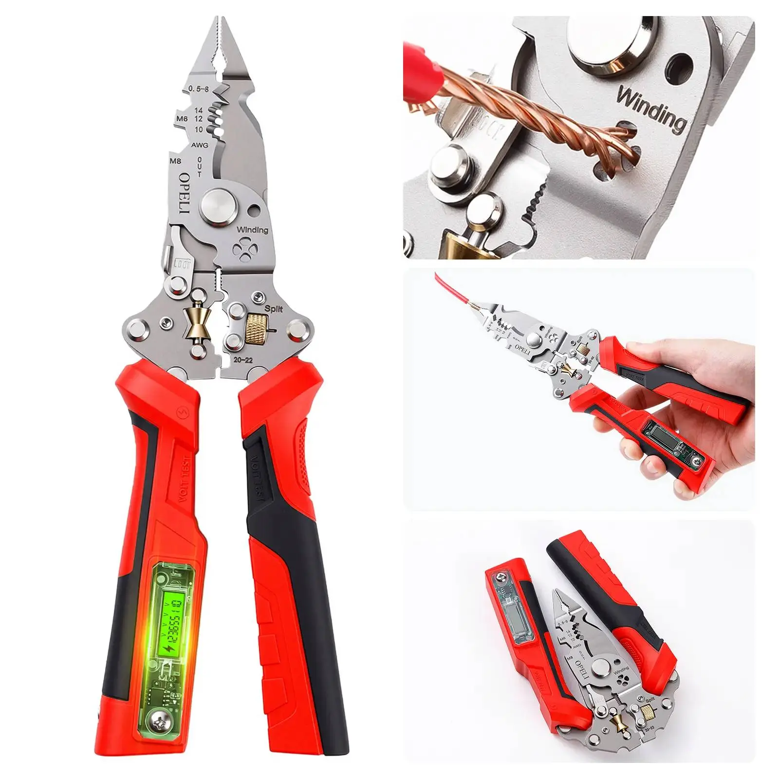 Pulling, Voltage Testing Pliers, Cable Scissors with 12V-250V ACDC Live/Null/Hot Judgment, Audible & Flashing LED Alarms