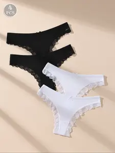 HOTCOM Women's Underwear Lace Panties Set 4 Pcs, Sexy Floral Bow Knot Design, Slim-Fitting Thong, Perfect for Daily, Fitness, Date, Spring Season