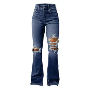 Women’s Basic Vintage Blue Denim Mid-Waist Flared Ripped Trousers Stretchy Slim-Fit Bottoms with Frayed Ripped Hem and Pocket for Everyday Casual Streetwear outdoorfun