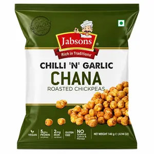 Jabsons Chilli 'N' Garlic Chana 140g (4.94 oz) – Roasted Chickpeas | 5g Protein & 2mg Iron Per Serving | Vegan, Gluten Free | No Artificial Color or Flavor