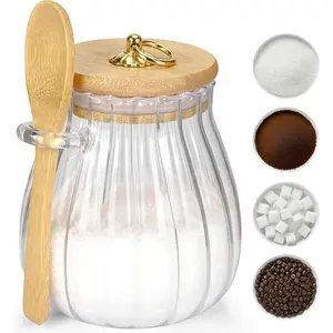 Sugar Container with Bamboo Lid and Spoon,15 oz Sugar Bowl Glass Jar for Coffee Bar Accessories Coffee Canister Kitchen Decor Housewarming Gift Christmas Refillable Design