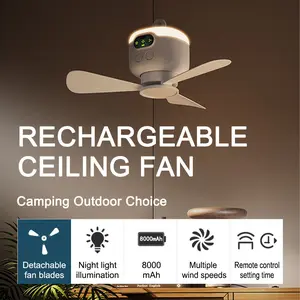 Portable USB Rechargeable Camping Fan with LED Lighting, Battery Powered Ceiling Hanging Fan, Brushless Motor, Outdoor and Indoor Use, Multifunctional Fan