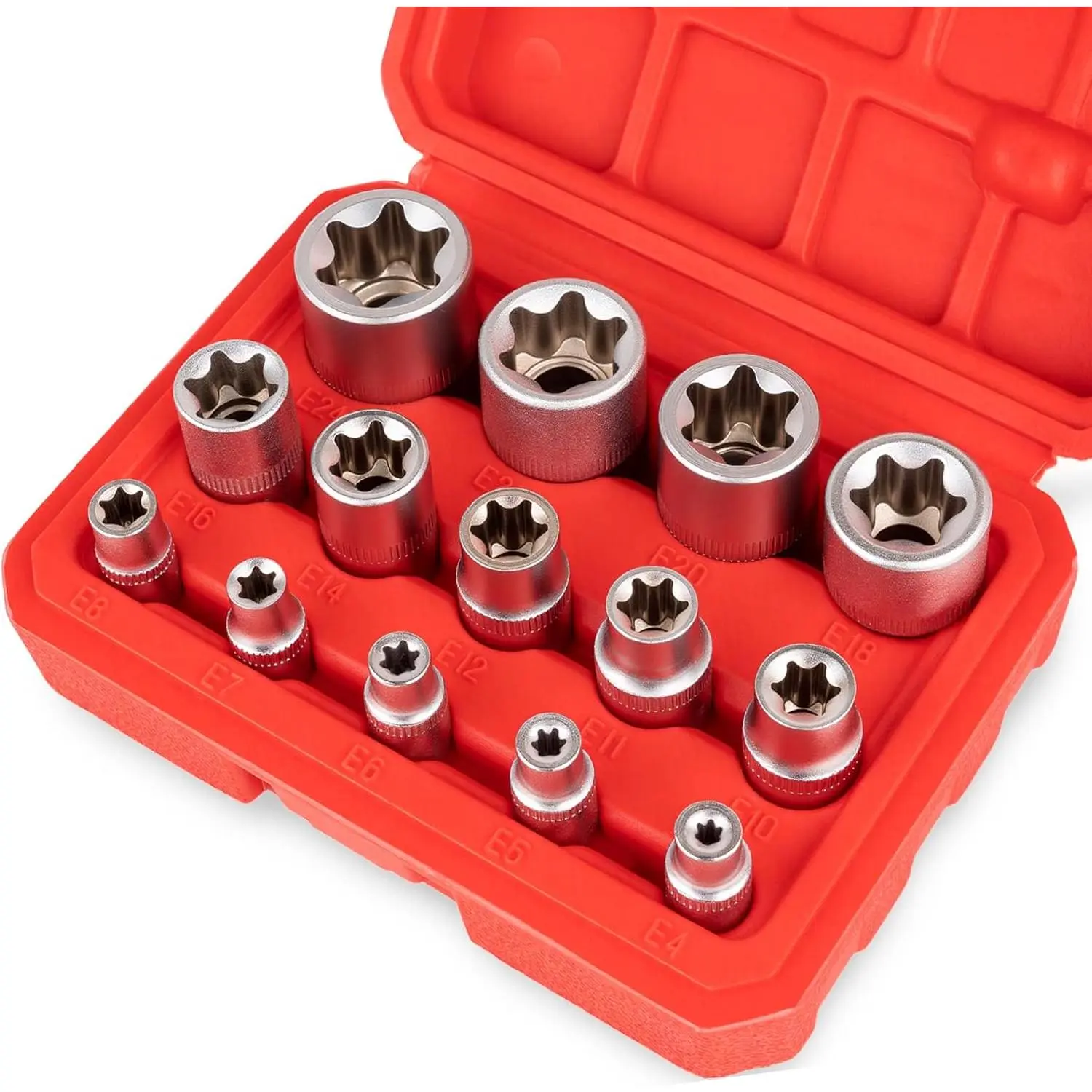 14- E-Torx Socket Set,  External Torx  Sockets - 1/4" 3/8" 1/2" Drive E4-E24,  Torque Socket Kit, Storage Case Included for Automotive Repair & Maintenance