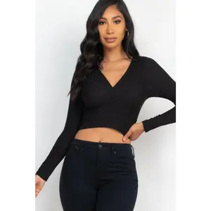 Ribbed Wrap Front Long Sleeve Top