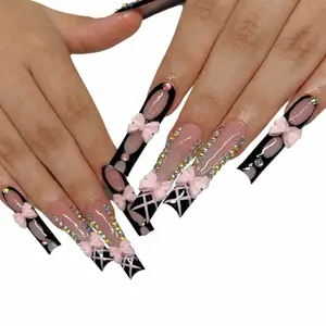 Elegant Pink Bow and Rhinestone Nail Art Design for Women's Manicure