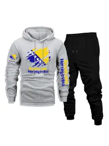 Men's Casual Fitted Fleece Hoodie & Pants 2-Piece Set, Bosnia and Herzegovina Print - Outdoor Activities, Daily Versatile & Breathable, Front Kangaroo Pocket, Fall & Winter Wear, Perfect as a Surprise Gift