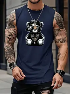 Men's Bear Design Tank Top, Workout Tank Tops, Regular Fit Casual Sleeveless Top for Summer, Men's Clothes for Daily Wear, Socks