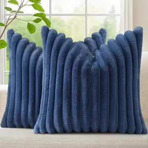 Cozy Faux Fur Throw Pillow Covers 20x20 Set of 2 Decorative Soft Plush Striped Farmhouse Boho Couch Pillow with Velvet Back for Sofa Bed Living Room, Blue