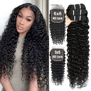 Bele Hair Curly Hair Bundles With Closure Peruvian Deep Wave Bundles With 5x5 Lace Closure Remy Curly Hair and 6x6 Lace Closure 3/4 Bundles Deal With 1 Lace Closure 5X5 /6X6 Transparent Lace Clsoure With Bundles Natural Black Color