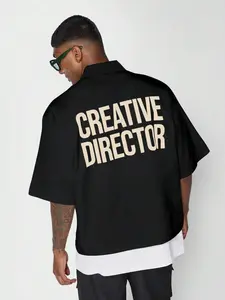 Men's Creative Director Letter Print Short Sleeve Shirt, Regular Fit Casual Fashion Comfy Top for Summer, Men's Clothes for Daily Wear, Tropical
