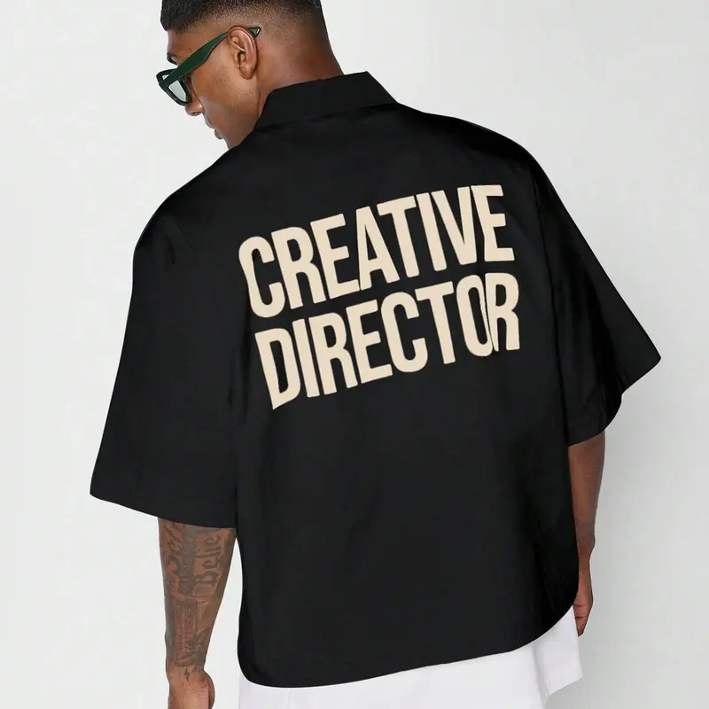 Men's Creative Director Letter Print Short Sleeve Shirt, Regular Fit Casual Fashion Comfy Top for Summer, Men's Clothes for Daily Wear, Tropical, Casual Trendy Shirt