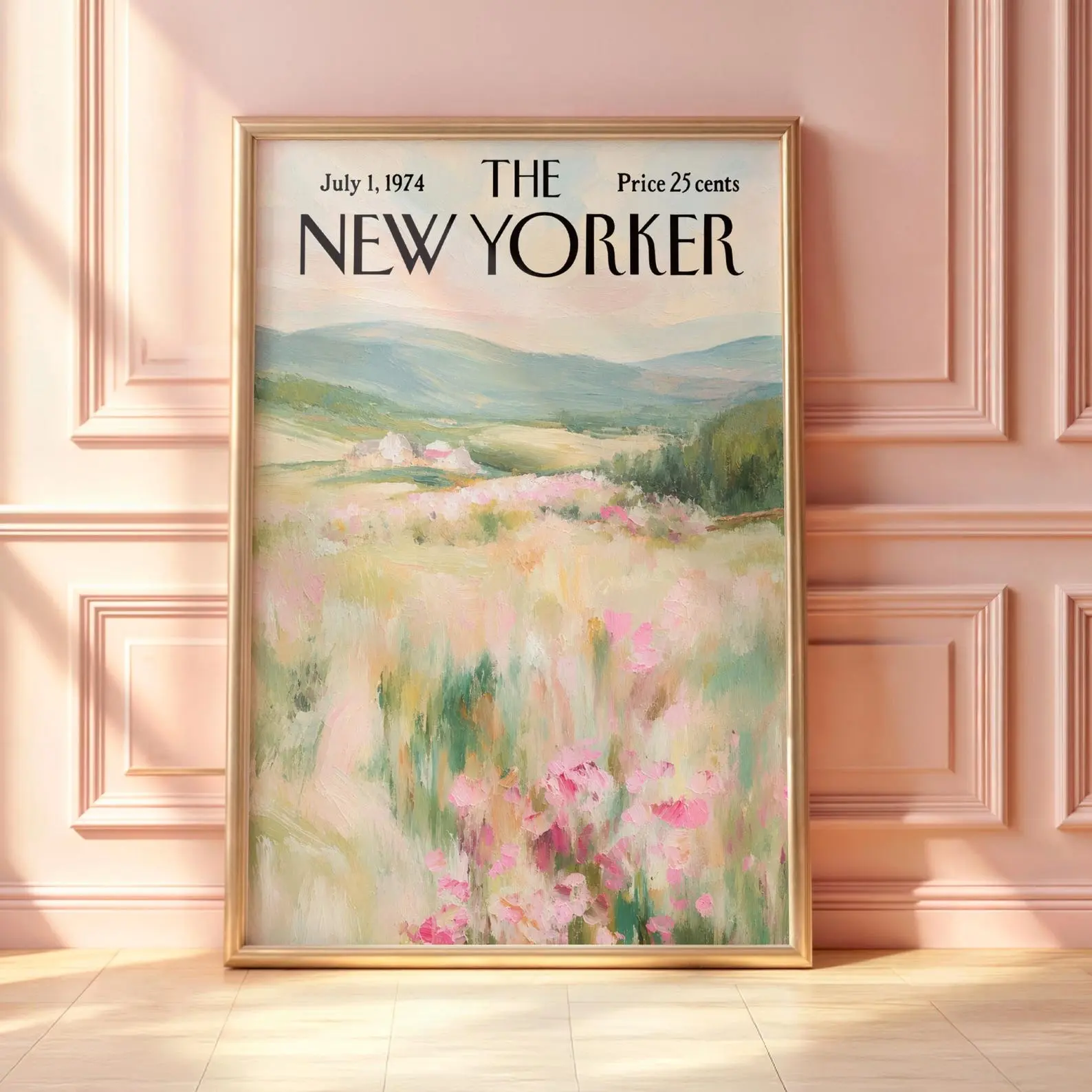 Vintage New Yorker Wildflower Meadow Poster, Pastel Landscape Wall Art, Cottagecore Floral Print, Soft Countryside Decor, Spring Field