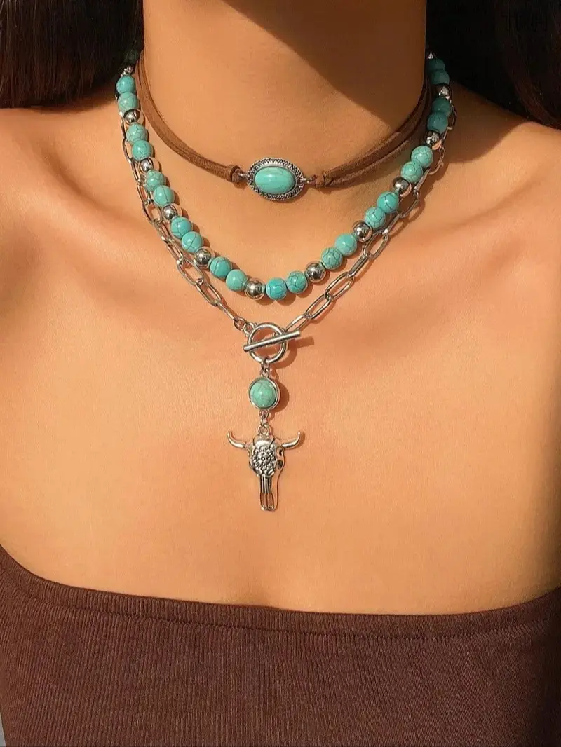 Western Boho Layered Turquoise Choker Necklace Set, Vintage Suede Choker & Beaded Pendant Necklaces, Cowboy Cactus Bullhead Charm Jewelry for Women, Bohemian Style for Western Outfits Daily Festival Wear, Authentic Western Boho Vibe, Everyday Boho Wear