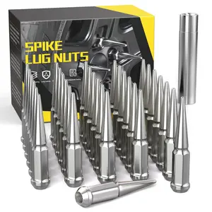 M14x1.5 Wheel Spike Lug Nuts  32 Chrome Spiked 14mmx1.5 Solid 4.4" Tall Acorn With 1 Socket Key Replacement For Chevy Silverado 1500 2500 3500 F-150 F-250 F-350