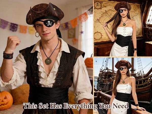 6 Pcs Unisex Pirate Costume Accessories Set, Men Women for Halloween Costumes Distressed Leather Tricorn Hat, Skull Eye Patch, Black Sash Belt, Earring, Skull Pendant Necklace & 4 braided Bracelets for Pirate Cosplay Party