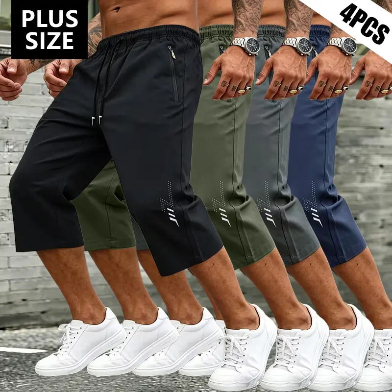 4 Pack Men's Plus Size Loose Capri Shorts Lightweight Breathable Reflective Lightning Print Zip Pockets Drawstring Waist Summer Pants for Beach Running Gym Daily Outings