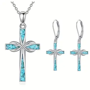 3Pcs Bohemian Turquoise Cross Pendant Necklace and Earring Set for Women - Infinite Symbol Religious Cross Pendant - Holiday or Birthday Gift for Friends