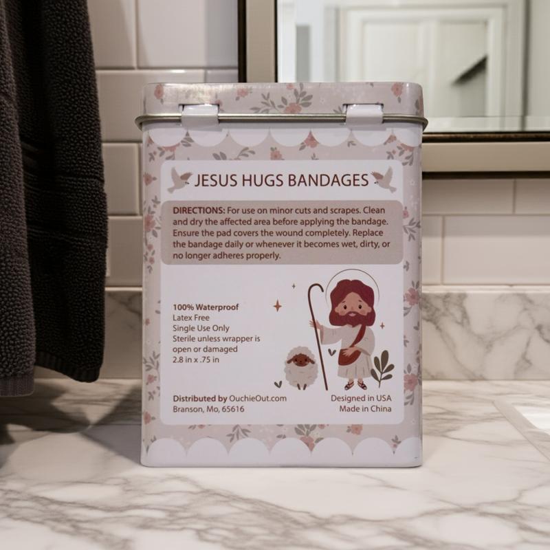 Jesus Hugs Bandages - 50 Sterile Adhesive Strips with 5 Designs - Easter - OuchieOut-, Bandaid, Latex-Free & Water Resistant, Safe for Children & Adults, 3.75" x 2.75" x 1" Size Aid Healthcare