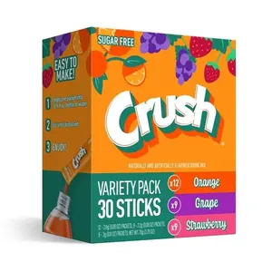 Crush Sugar-Free Powdered Drink Mix Variety Pack – Orange, Grape & Strawberry Flavors, 30-Count Single Serve Sticks