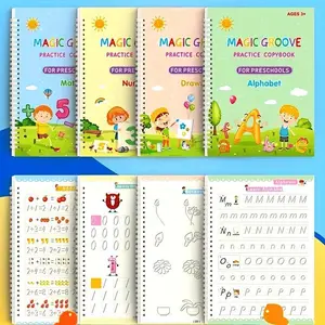 4 Pack Magic Groove Handwriting Practice Books, Reusable Preschool Learning Copybooks, Letters, Numbers, Alphabet and Math - Includes Ergonomic Pen, Grip and 10 Refills, Colorful Illustrations