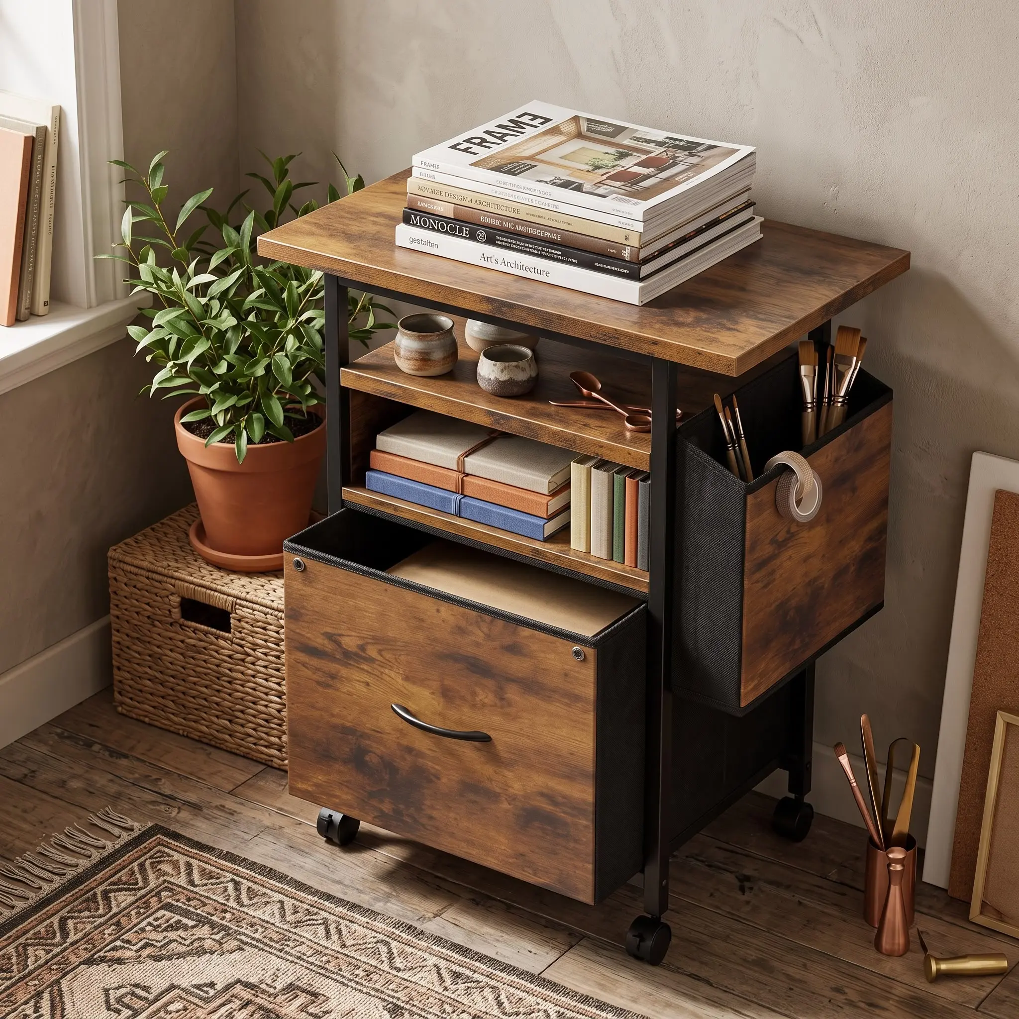 2 Drawer Mobile File Cabinet, Fabric Filing Cabinet with 24'' Desktop,Small Office Drawers Under Desk Fits A4 Size, Rolling Printer Stand with Storage Side Bag for Home Office