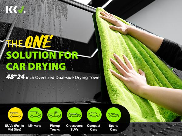 KKV Full-sized Drying Towel, 48x24“ Dual Sided Microfiber Car Cleaning Towel with Twisting Yarn Technique for SUVs, 1400GSM Super Absorbent, Scratch-free, Quick-dry, Machine Washable