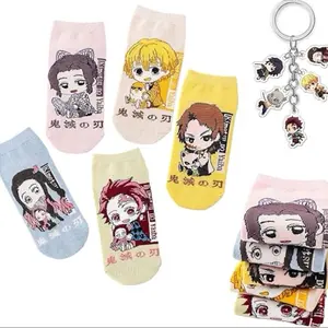 Anime Style Character Ankle Socks 5pcs Cute Cartoon Low Cut Socks with Keychain