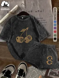 Summer women's suit with leopard and cherry pattern print, comfortable cotton, Breathable, vintage Y2k suitable for outdoor leisure, punk style round neck washed cotton Fitted T-shirt and shorts two-piece suit