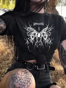 Gothic Black Death-Metal Graphic Crop T-Shirt | Ultra-Soft Stretch Fabric | Y2K Grunge Alt Streetwear | Edgy Daily OOTD | Viral TikTok Dark Aesthetic Top | Perfect for Punk Subculture/ Casual Hangouts/ Trendy Outfits | Bold Skull Print Design