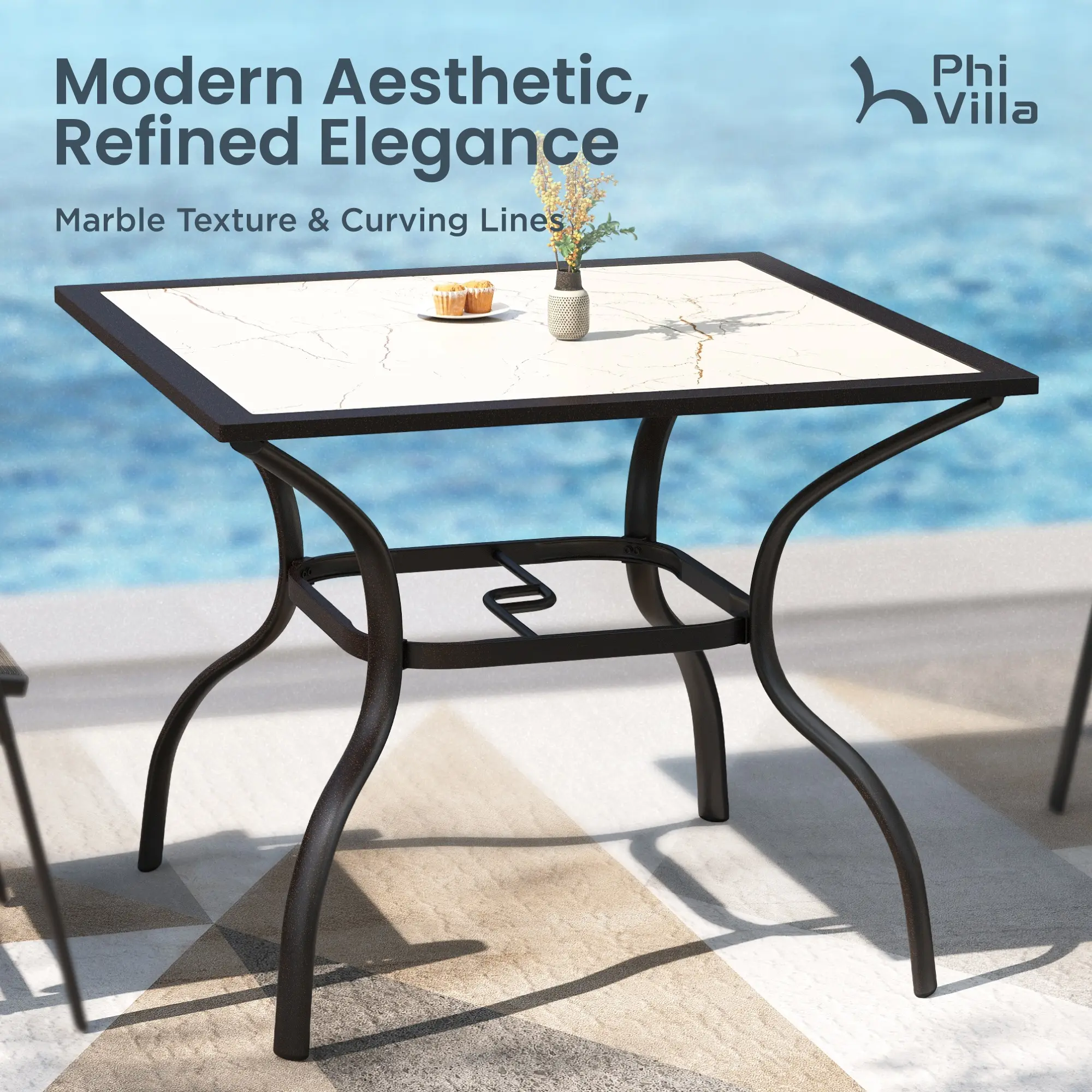 PHIVILLA 37-Inch Outdoor Dining Table with 1.57" Umbrella Hole, Square Design, Black Color, Assembly Required, Rainproof & Powder Coated Steel