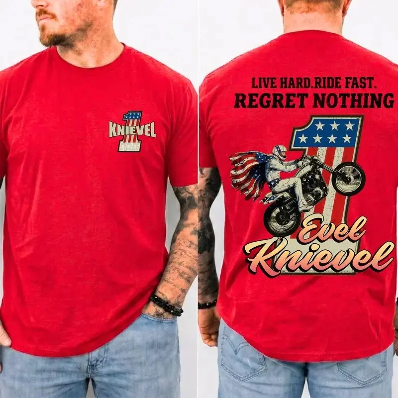 Evel Knievel Live Hard Ride Fast Shirt, Knievel Cycles Regret Nothing T-Shirt, Retro Motorcycle Stunt Rider Graphic Tee, American Flag Biker Graphic Shirt, Unisex Clothing, Gift For Motorcycle Fans, MADE IN USA