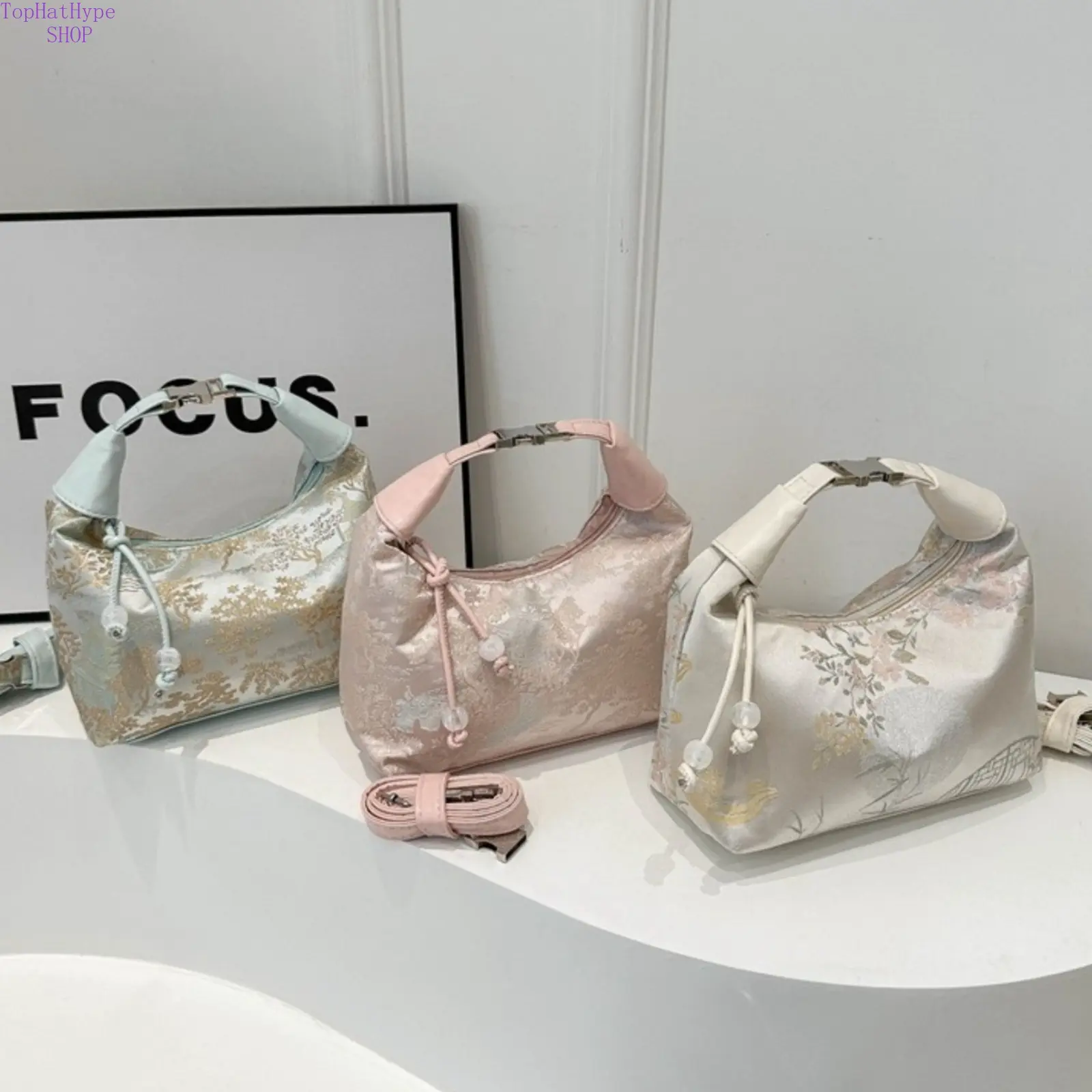 Chic Oriental Style Handbag for Women, PU Leather Top Handle Crossbody Purse with Wristlet Strap for Daily Wear & Weddings, Handbag Purse, Casual Trendy Handbag
