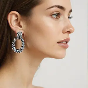 Trendy Chunky Twisted Cable Hoop Drop Earrings for Women and Girls Vintage Western Boho Silver Tone Fun Statement Jewelry Hypoallergenic Lightweight Comfortable Earrings for Daily Work Party Date Night Wedding Vacation Birthday Great Gift for Her 2026 New