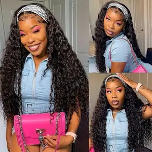 Bling Hair Headband Wig Deep Wave Machine Made None Lace Human Hair WIg Ready to Wear Glueless Curly Headband Half Wig For Wowen Beginner Friendly 180% Density #SummerVibes