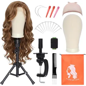 22 Inch Canvas Wig Head Set 14-22 Inch Height Adjustable Tripod Stand with Canvas Block Mannequin Head and Storage Bag for Wig Making Cosmetology