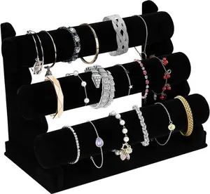 Velvet 3-Tier Bracelet Holder, Black Detachable T-Bar Jewelry Display Stand, Necklace Bangle Watch Scrunchies Storage Organizer
