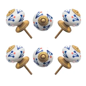 White Ceramic Knobs with Blue Sprigs & Red Dots (Pack of 6) - 1.5 Inch Furniture Pulls by CDNY
