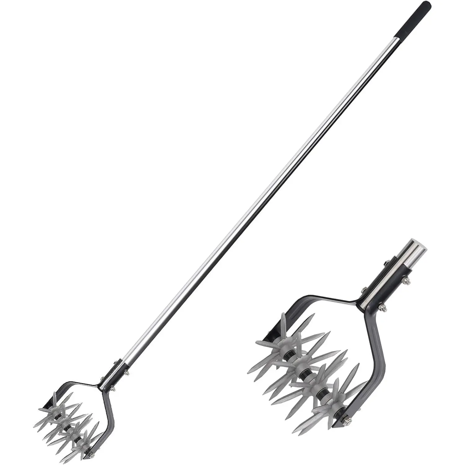 Rotary Garden Tool - 4 Wheels, Stainless Steel Adjustable Long Handle Cultivator with Mid-Wheel Design for Aerating, Weeding, Planting, Adjustable Handle