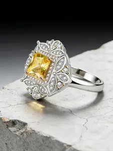 Square Created Citrine & Zircon Ring, Sterling Silver Plated Bridal Set, Wedding Engagement Anniversary Jewelry for Women