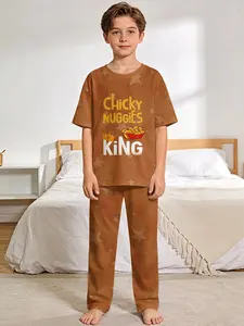 Chicken Nugget King's Food Dreamland 2-Piece Boys' Digital Printed Short-Sleeve Pajamas with Extended Sleep Pants, Stylish, Trendy, Casual, Comfortable and Soft Pajama Set, Suitable for Boys' Sleep and Home Leisure, a Perfect Gift for Boys