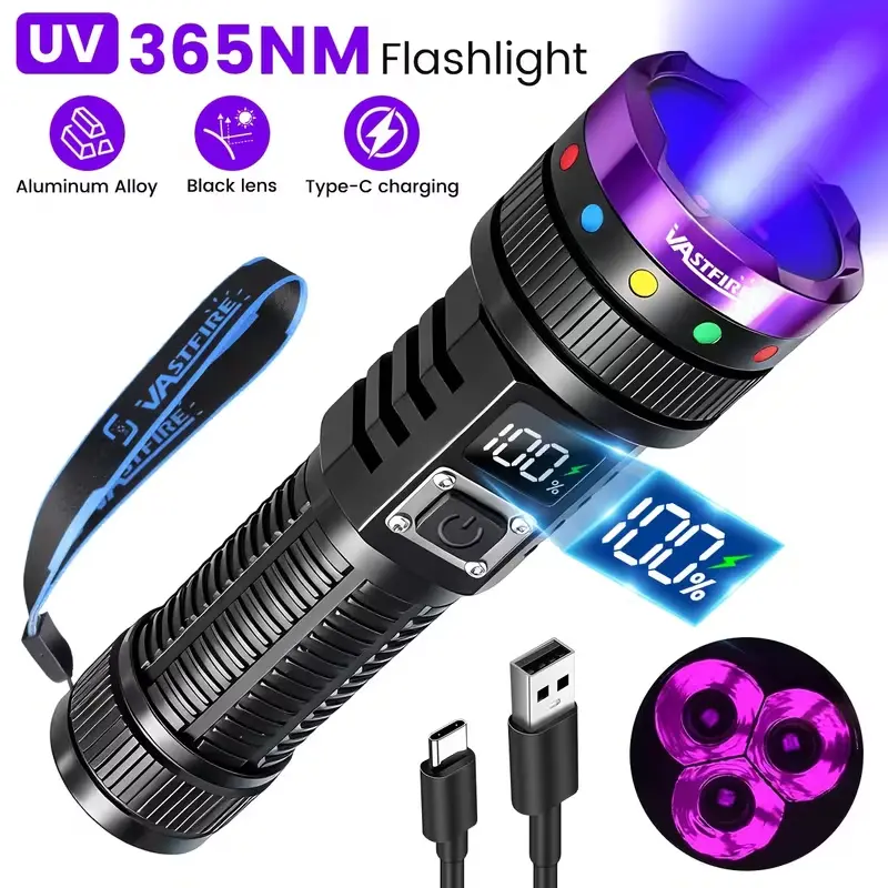 365nm High-Power Rechargeable Waterproof UV Flashlight Torch - Aluminum Alloy, Filter Lens, LCD Display, High-Capacity Batteries, Portable Home Improvement Lighting Tool (Black), Rechargeable Waterproof Torches