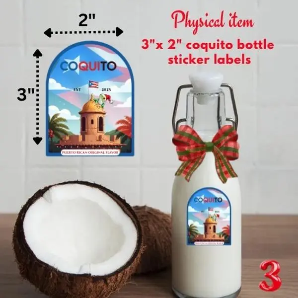 Coquito Brand 3x2 Coquito Bottle Labels Stickers Physical Item 2 Inch by 3 Inch Decorative Stickers for Bottles Each Order Includes 12 Stickers Festive Touch for Holiday Sales or Gifts