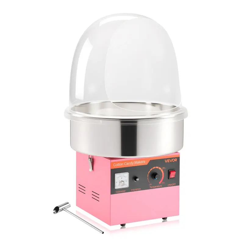 VEVOR 1000W 120V~60Hz Electric Cotton Candy Machine, Commercial Floss Maker with 3.7oz/104.89g Sugar Bowl, Stainless Steel Bowl, Acrylic Lid, Sugar Scoop, Beginner-Friendly Overheat Guard, 14.96x14.96x13.31/15.55x15.55x12.99in, Ideal for Birthday, Pink